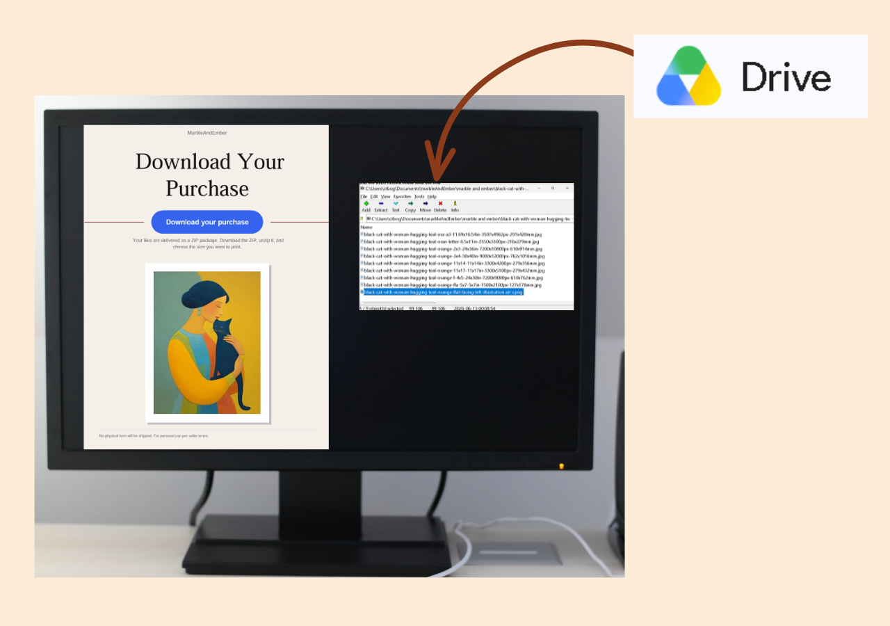 Branded buyer download PDF with shop logo and download button linking to art files on Google Drive
